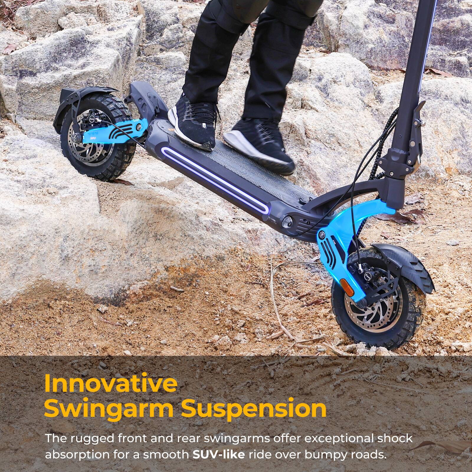 TNN - Innovative Swingarm Suspension: The rugged front and rear swingarms provide exceptional shock absorption for a smooth SUV-like ride over bumpy roads.