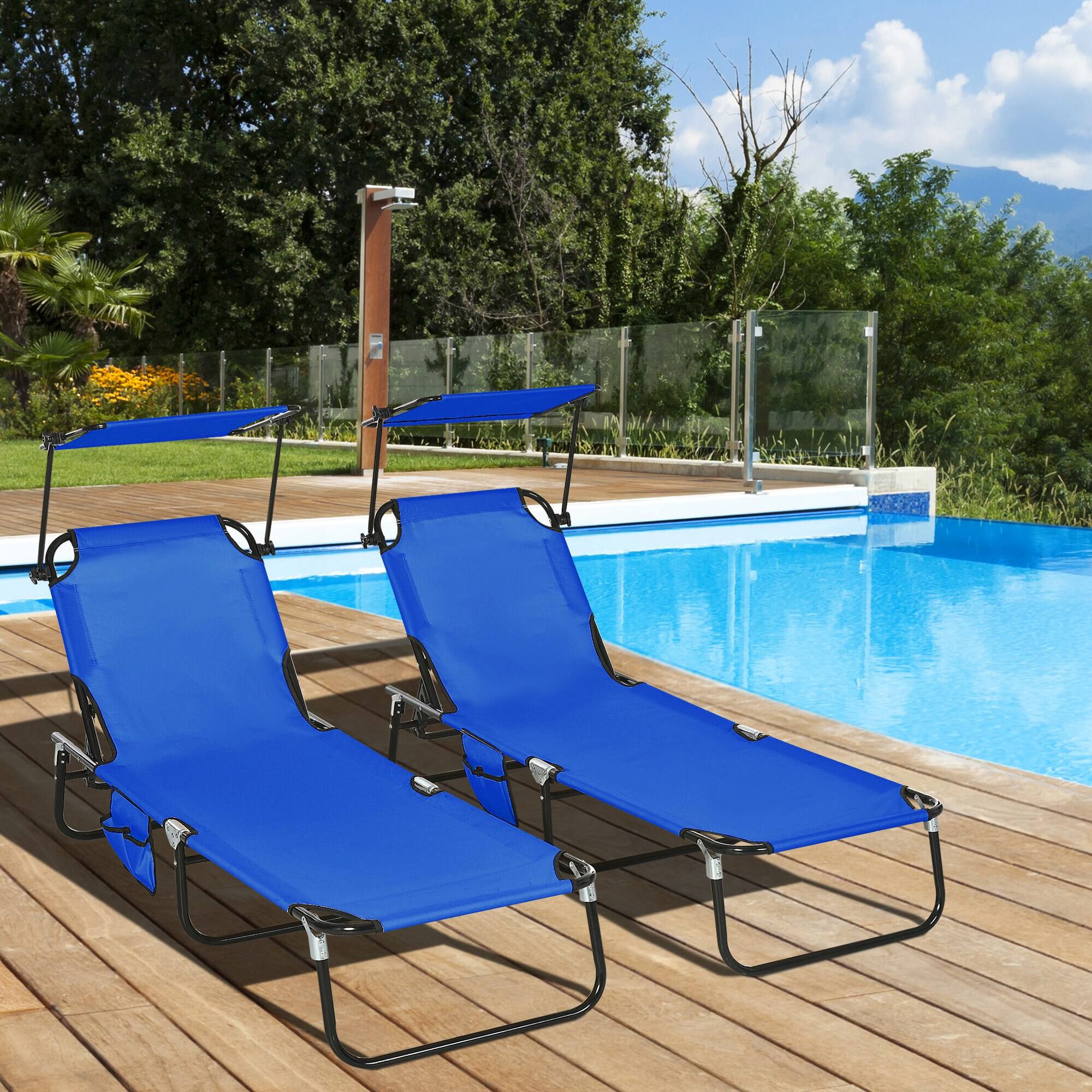 Alt View 1. Outsunny - Chaise Lounge Chairs Set of 2, Folding Lounge Chairs with Sunshade, Reclining Back - Blue.