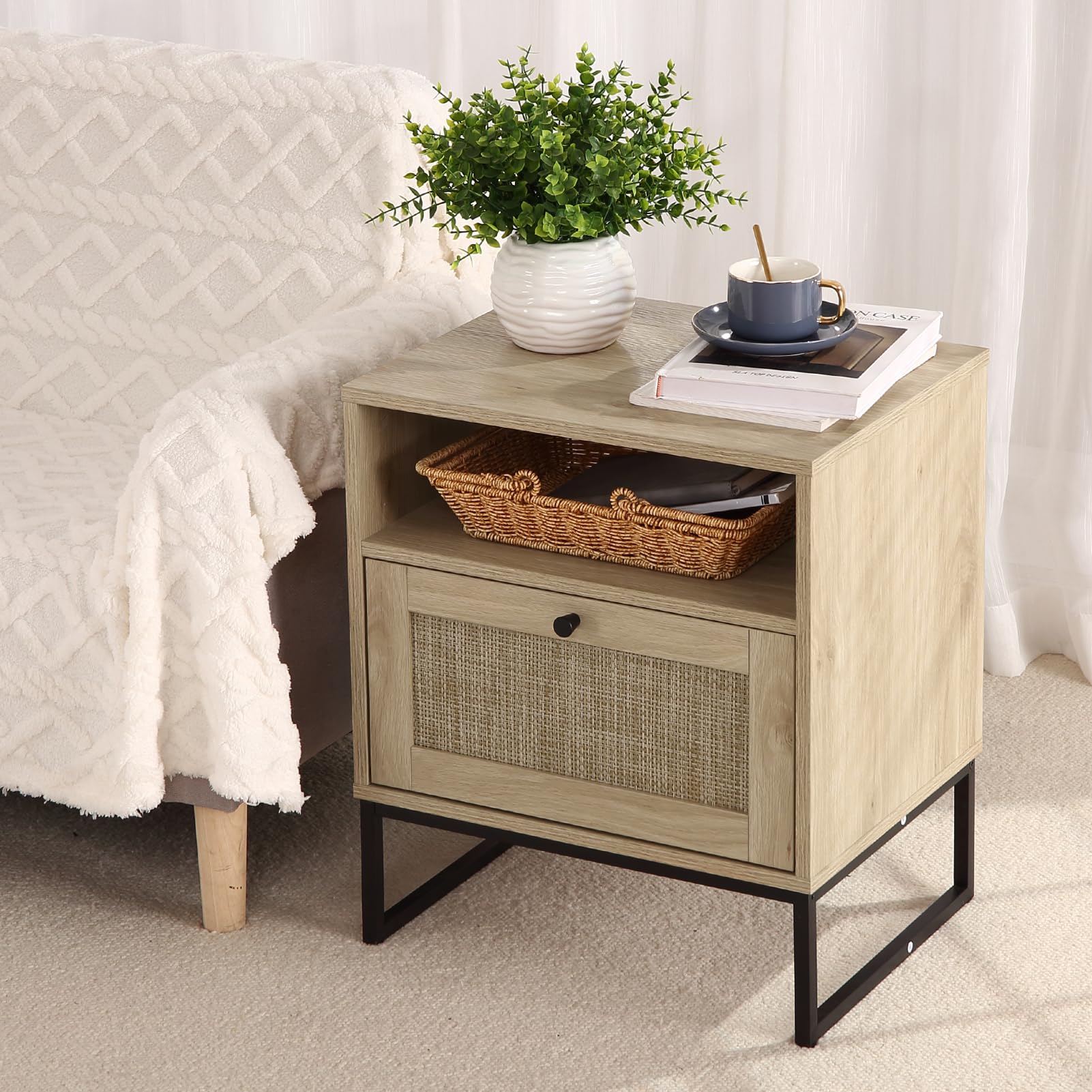 Front. Jojoka - Rattan End Table with Drawer and Shelf, Boho Nightstand and Farmhouse Accent Table - Natural.