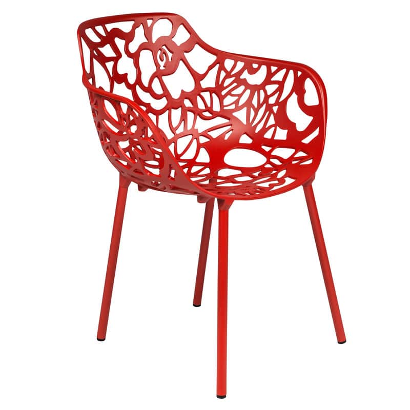 LeisureMod - Devon Stackable Aluminum Dining Chair with Floral Cutout Design Side Chair for Indoor Outdoor - Red