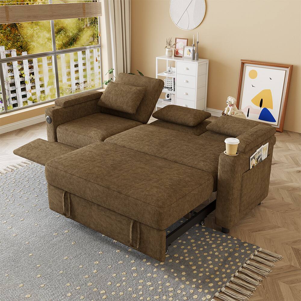Back. Anysun - 83" Chenille Fabric Foldable Sofa Bed with Electric Recliner, Adjustable Backrest, Table Board, Armrest Storage - Khaki.