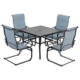 Nuu Garden - 5PCS Padded Textilene Patio Dining Set with Umbrella Hole, C-Spring Motion - Black and Blue