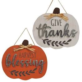 BreeBe - Harvest Blessings Wood Hanging Sign 2 Asstd - Grey, Orange