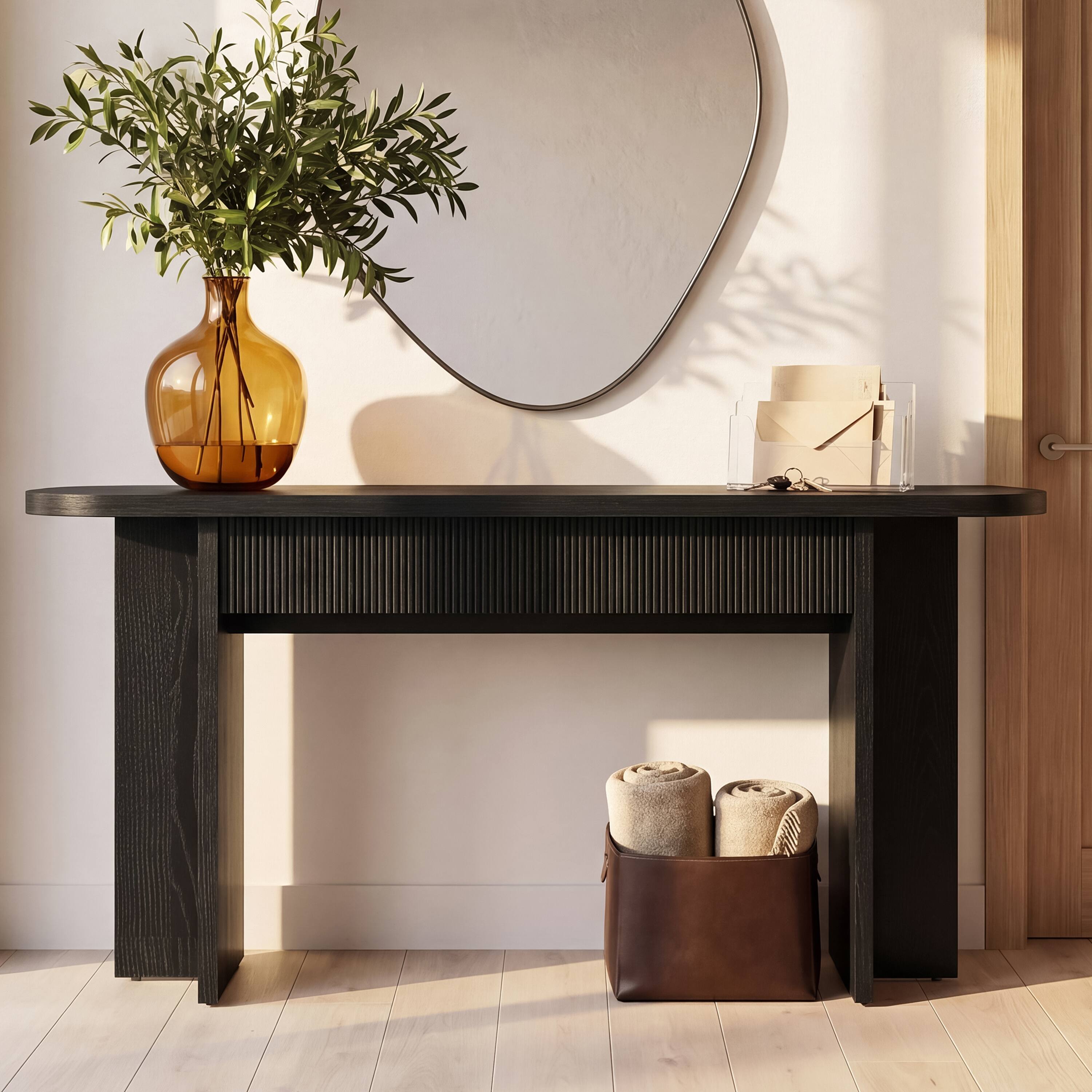 Left. Whisen - 63-Inch Console Table with 2 Drawers, Modern Fluted Entryway Table for Hallway Living Room-Black - Black.