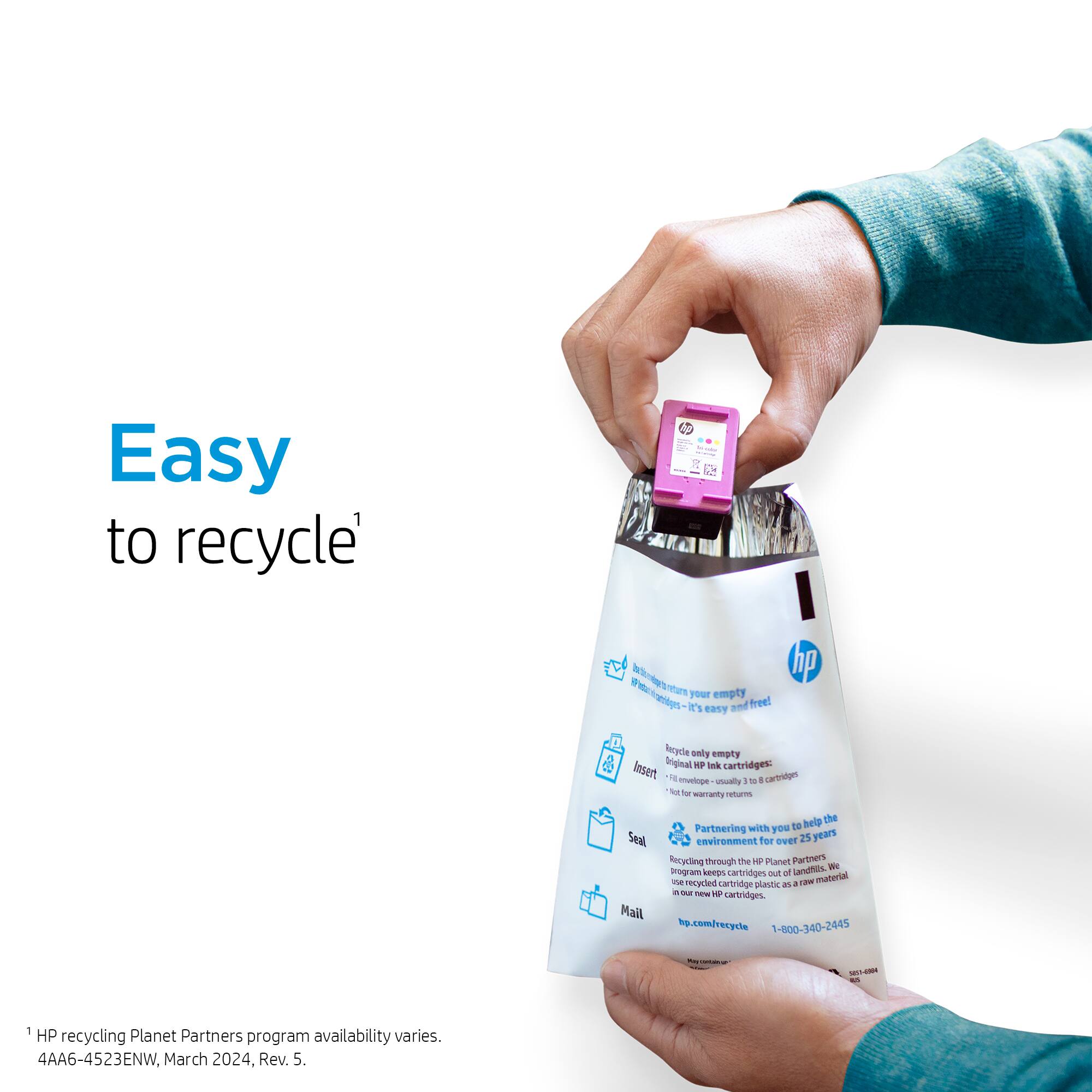 Easy to recycle: It's your easy empty and free HP inkjet cartridges. Empty and recycle usually a cartridge for far warranty. Help the environment for 25 years by keeping cartridges out of non-recycled cartridge plastic. Mail hp.com/recycle or call 1-800-340-2445. HP recycling Planet Partners program availability varies. 4AA6-4523ENW. March 2024. Rev. 5.