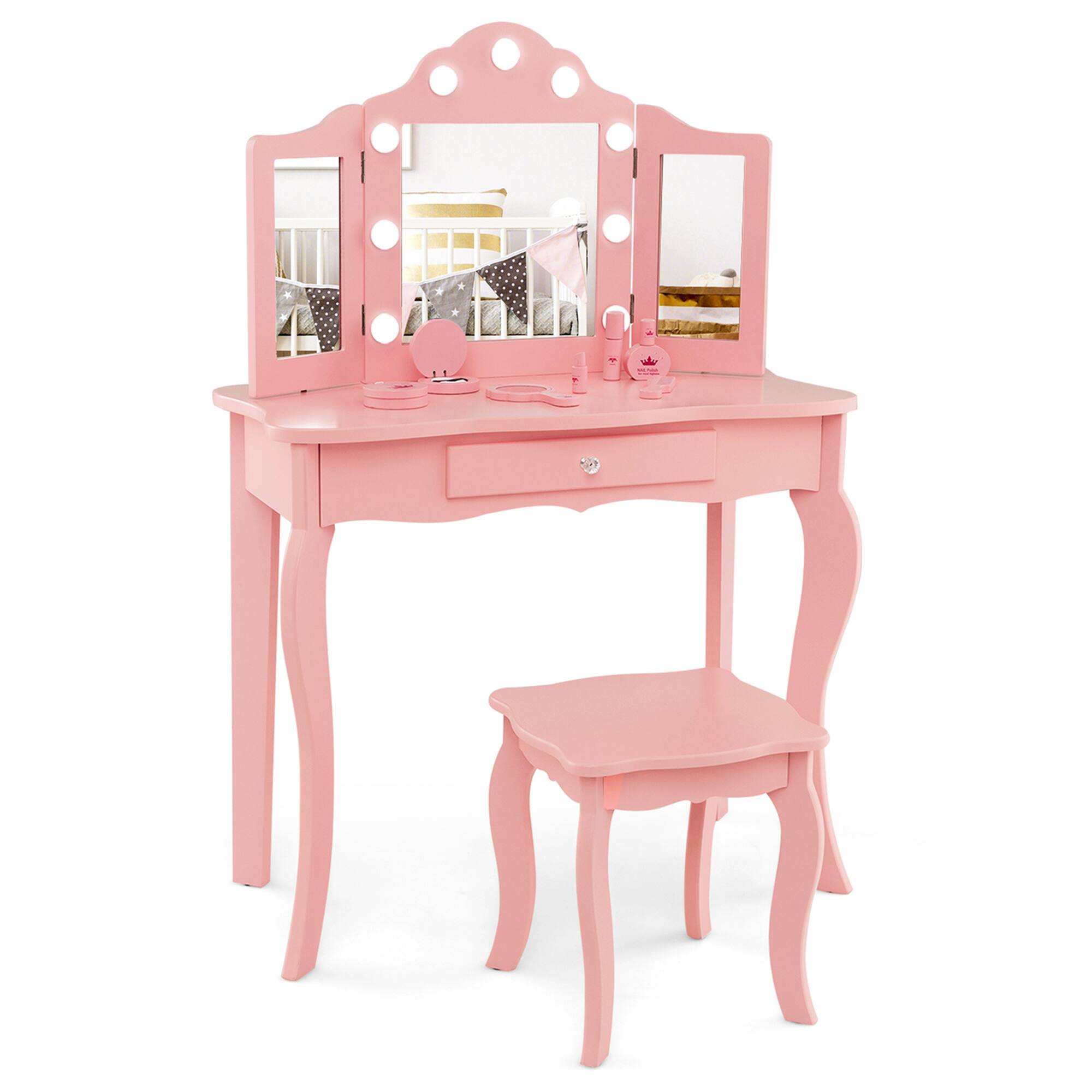 Costway - Kid Vanity Table Stool Set Tri-Folding Mirror Adjustable 3-Color LED Lights - Pink