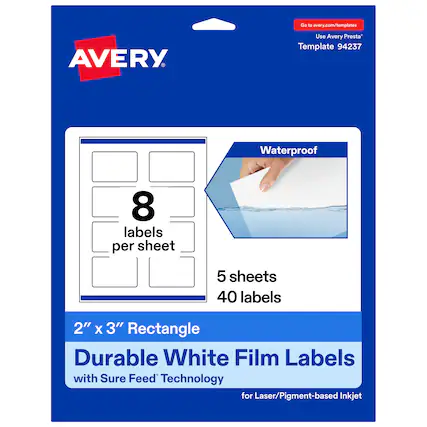 Go to avery.com/templates
Use Avery Presta™ Template 94237
Waterproof
8 labels per sheet
5 sheets
40 labels
2" x 3" Rectangle
Durable White Film Labels
with Sure Feed™ Technology
for Laser/Pigment-based Inkjet