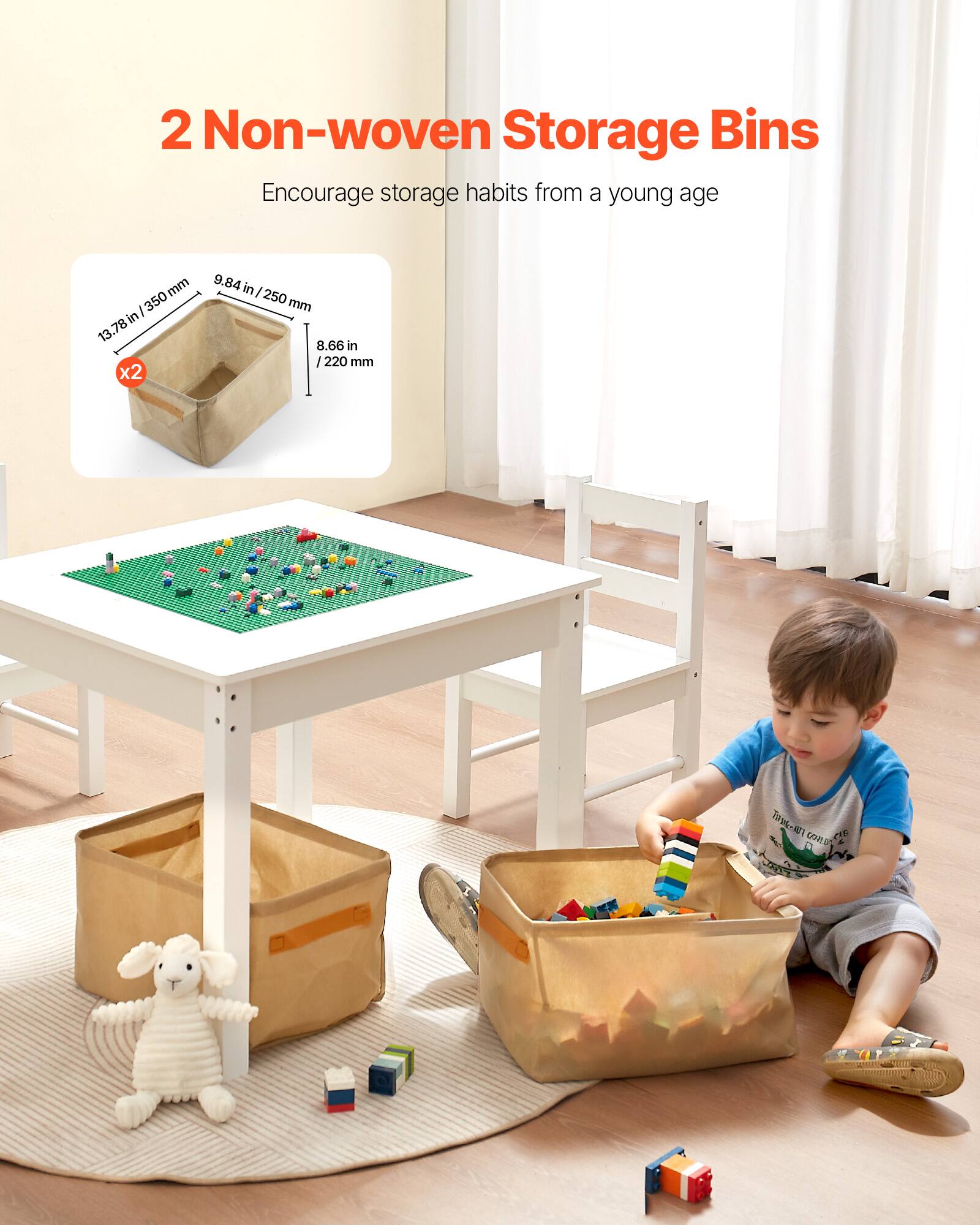 2 Non-woven Storage Bins  
Encourage storage habits from a young age  

Dimensions:  
- 13.78 in / 350 mm  
- 9.84 in / 250 mm  
- 8.66 in / 220 mm  

x2
