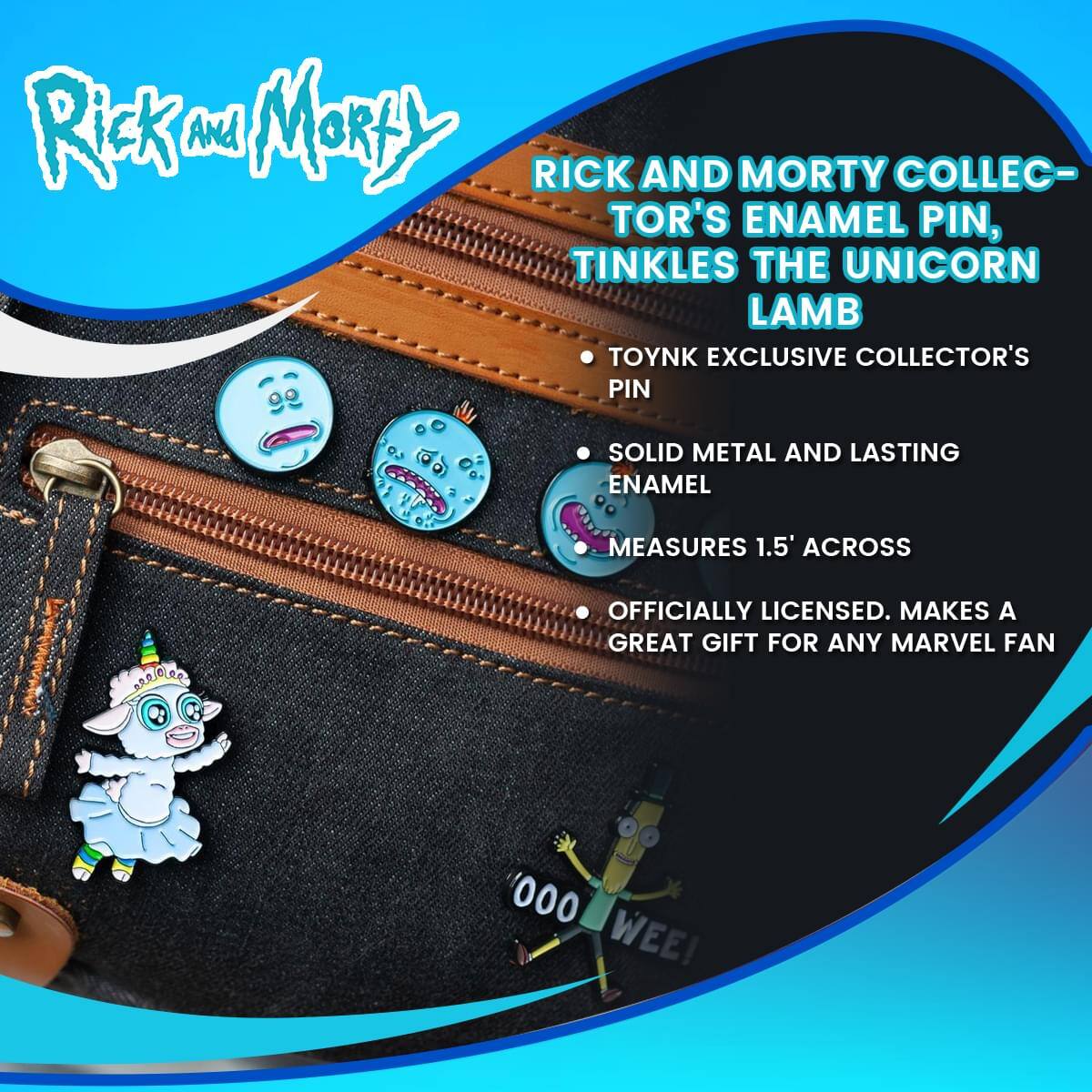 Rick and Morty Collector's Enamel Pin, Tinkles the Unicorn Lamb  
- Toynk Exclusive Collector's Pin  
- Solid Metal and Lasting Enamel  
- Measures 1.5" Across  
- Officially Licensed. Makes a Great Gift for Any Marvel Fan  

000 WEE!
