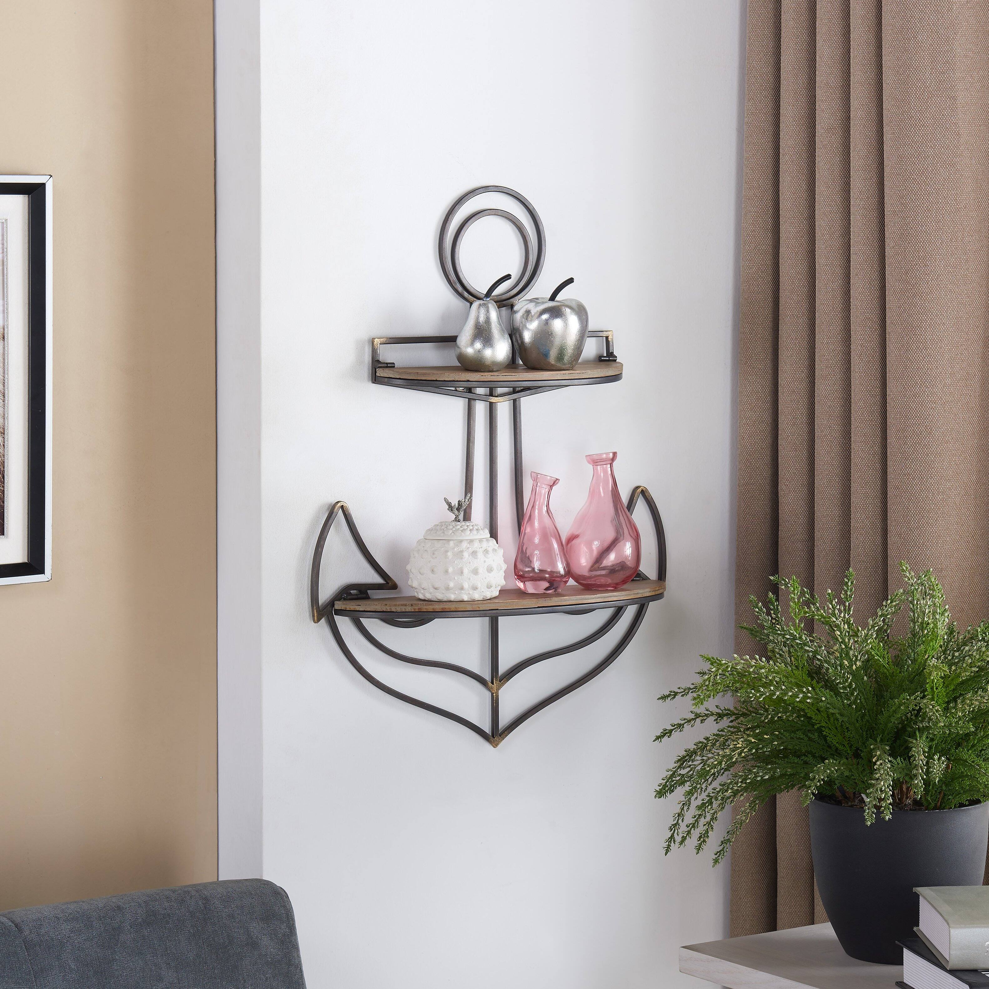 Alt View 2. Danya B - Adjustable Foldable Two-Tier Anchor Decorative Wall Shelf - Brown.