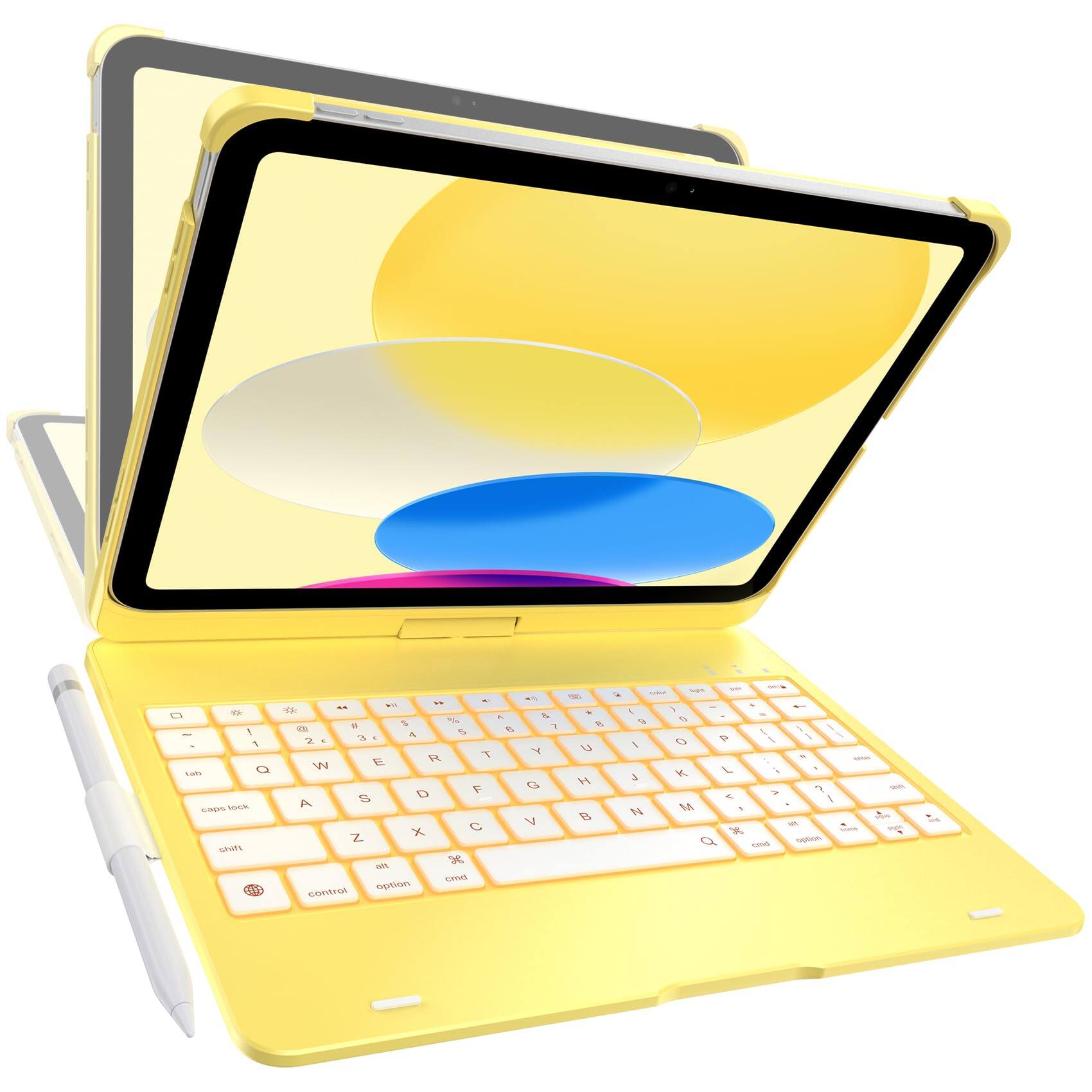 Pacoar Cade - Flexbook Case For Ipad 11th (a16 2025) And 10th Gen ( 2022) - No Trackpad 11-color Backlight 360° Rotatable 7 Use Modes - Yellow