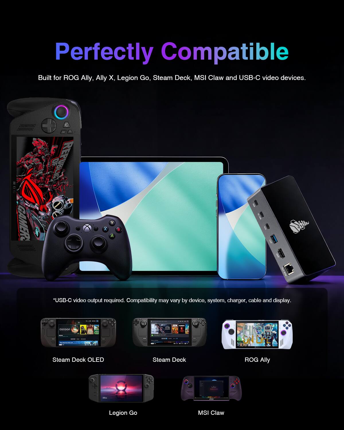 Perfectly Compatible  
Built for ROG Ally, Ally X, Legion Go, Steam Deck, MSI Claw and USB-C video devices.  

*USB-C video output required. Compatibility may vary by device, system, charger, cable and display.  

- Steam Deck OLED  
- Steam Deck  
- ROG Ally  
- Legion Go  
- MSI Claw