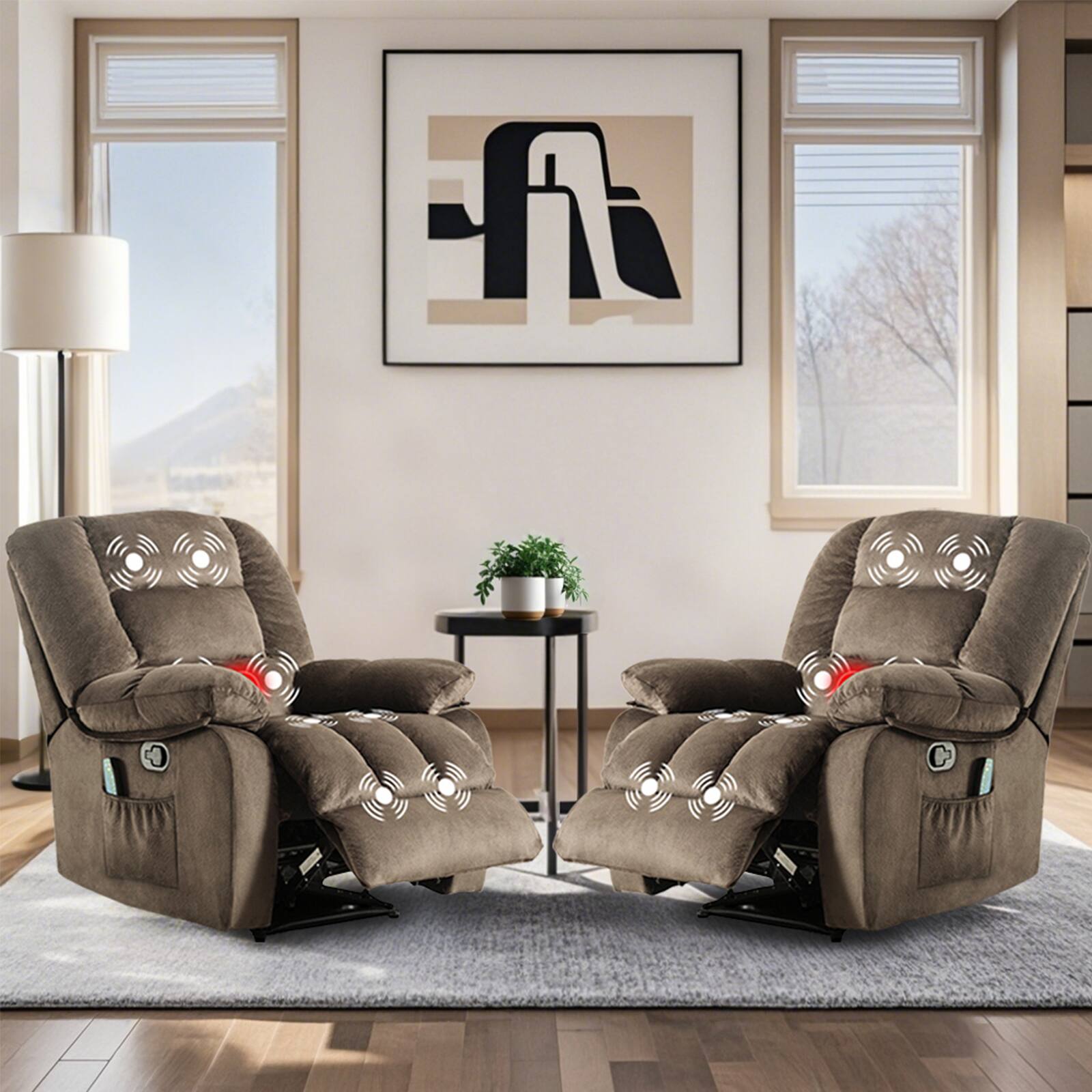Front. Bestier - Set of 2 Overstuffed Fabric Recliner Chairs with 8-Point Vibration Massage Manual Pull Recliner with Time Setting - Brown.