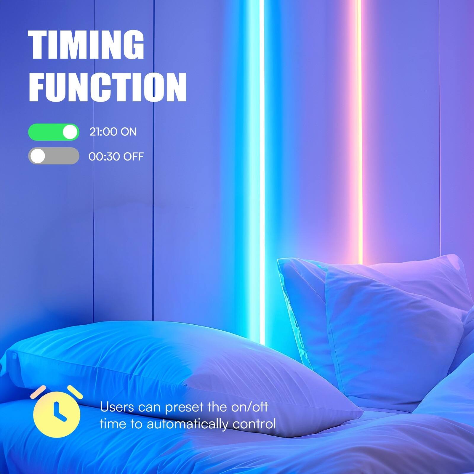 TIMING FUNCTION  
21:00 ON  
00:30 OFF  
Users can preset the on/off time to automatically control