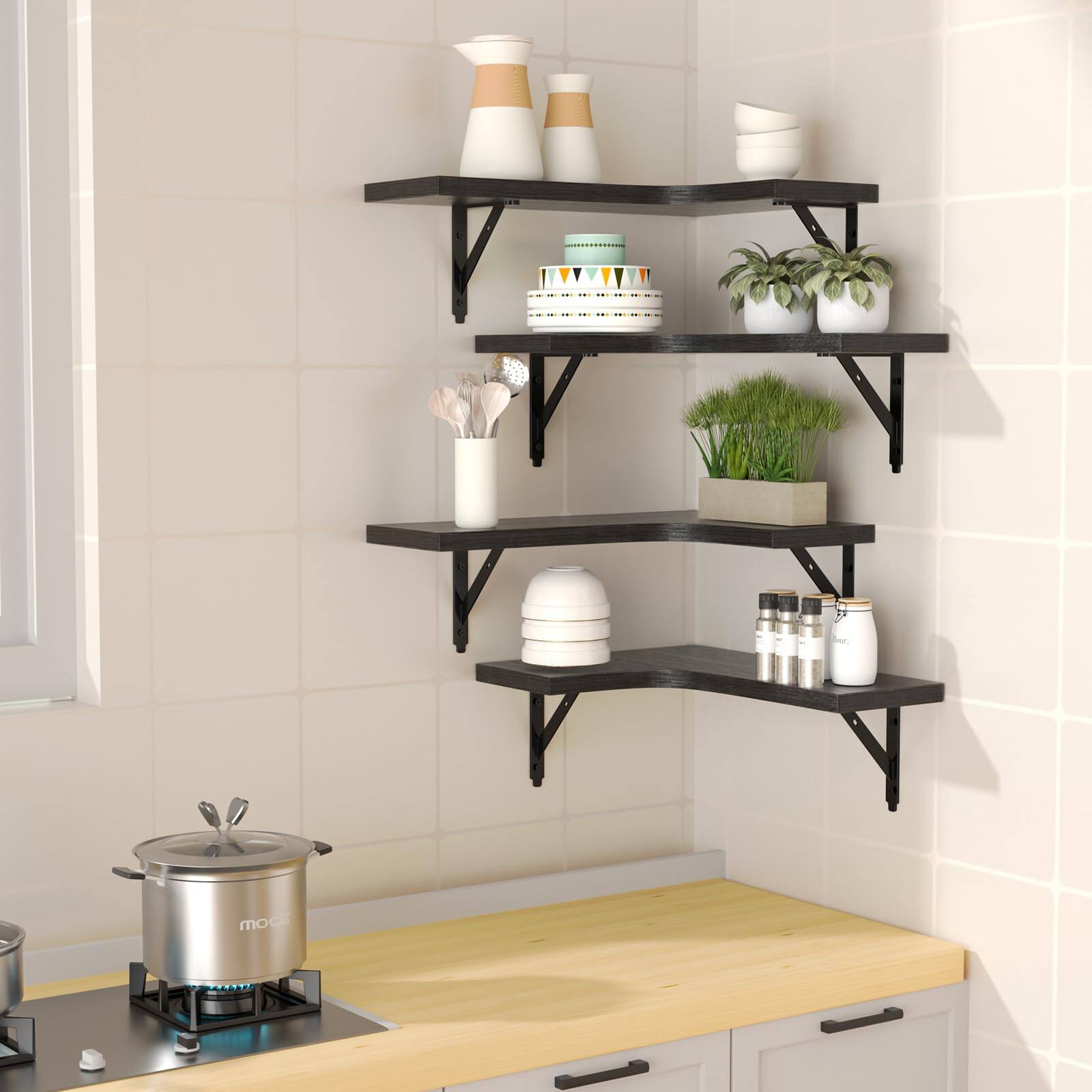 Angle. Dazzed Corner - Corner Floating Shelves Wall Mounted Set of 4 - Black.