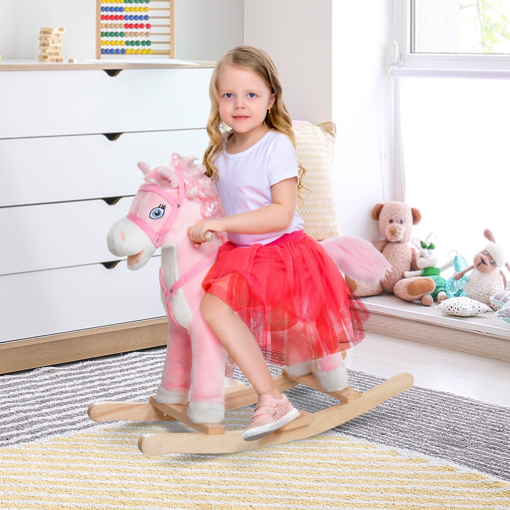 Angle. Siljoy - Pink Rocking Horse with Sounds & Swinging Tail, Plush Pony Toy, 88lb Load, Ages 3+, Long Hair - Pink.