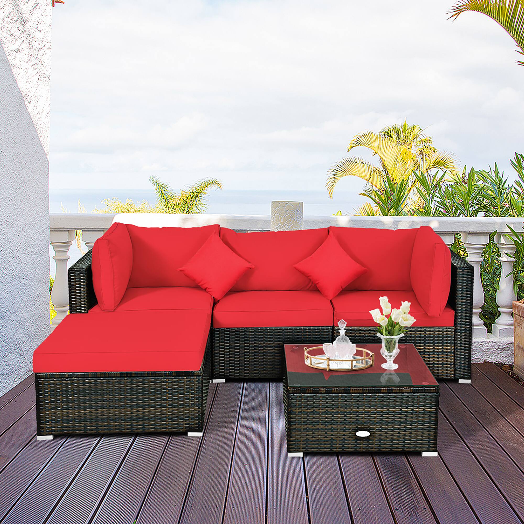 Alt View 5. Costway - Costway 5PCS Outdoor Patio Rattan Furniture Set Sectional Conversation W/Red Cushions - Red.