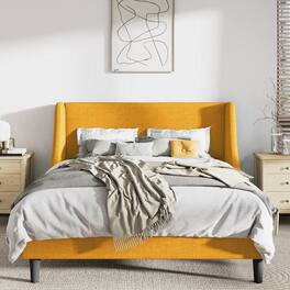 Hivvago - Queen Size Linen Blend Upholstered Platform Bed with Wingback Headboard - Yellow
