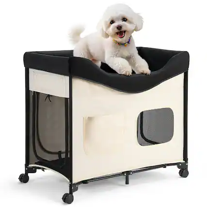 Front. VEVOR - Elevated Lounge Pet Bed, Foldable Bunk Dog Bed with 600D Oxford Cloth and Dutch Velvet,with Wheels,Carry Bag, L - Beige,Black.