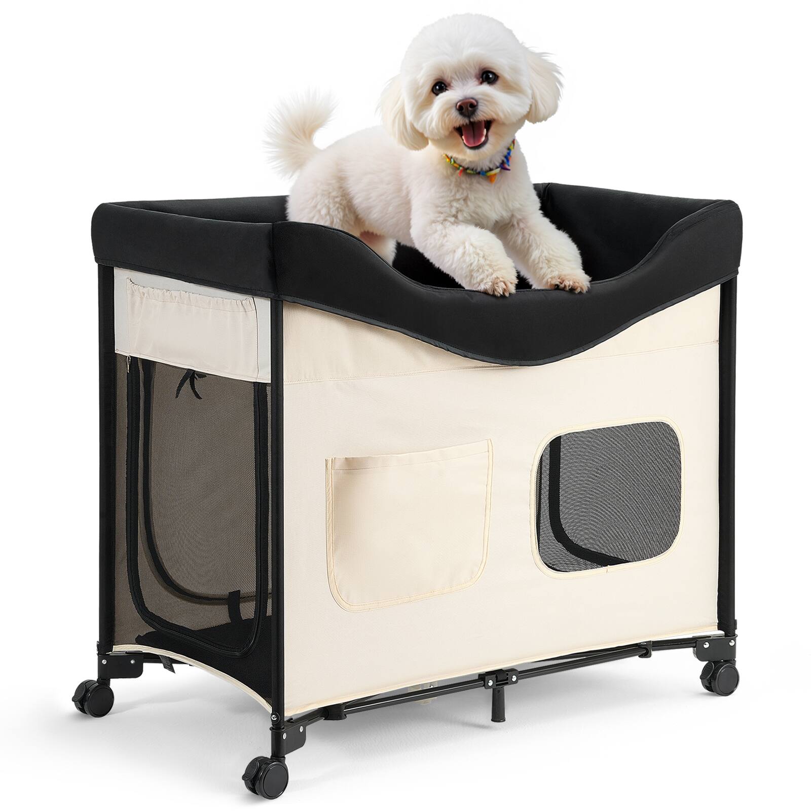 Front. VEVOR - Elevated Lounge Pet Bed, Foldable Bunk Dog Bed with 600D Oxford Cloth and Dutch Velvet,with Wheels,Carry Bag, L - Beige,Black.