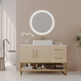 Loheer - 47.2 inch modern bathroom vanity Ceramic Vessel Sink Gold Accent - American White Oak, Gold, White