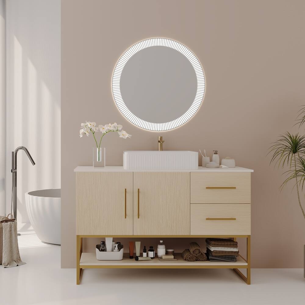 Front. Loheer - Loheer 47.2 inch modern bathroom vanity Ceramic Vessel Sink Gold Accent - American White Oak, Gold, White.