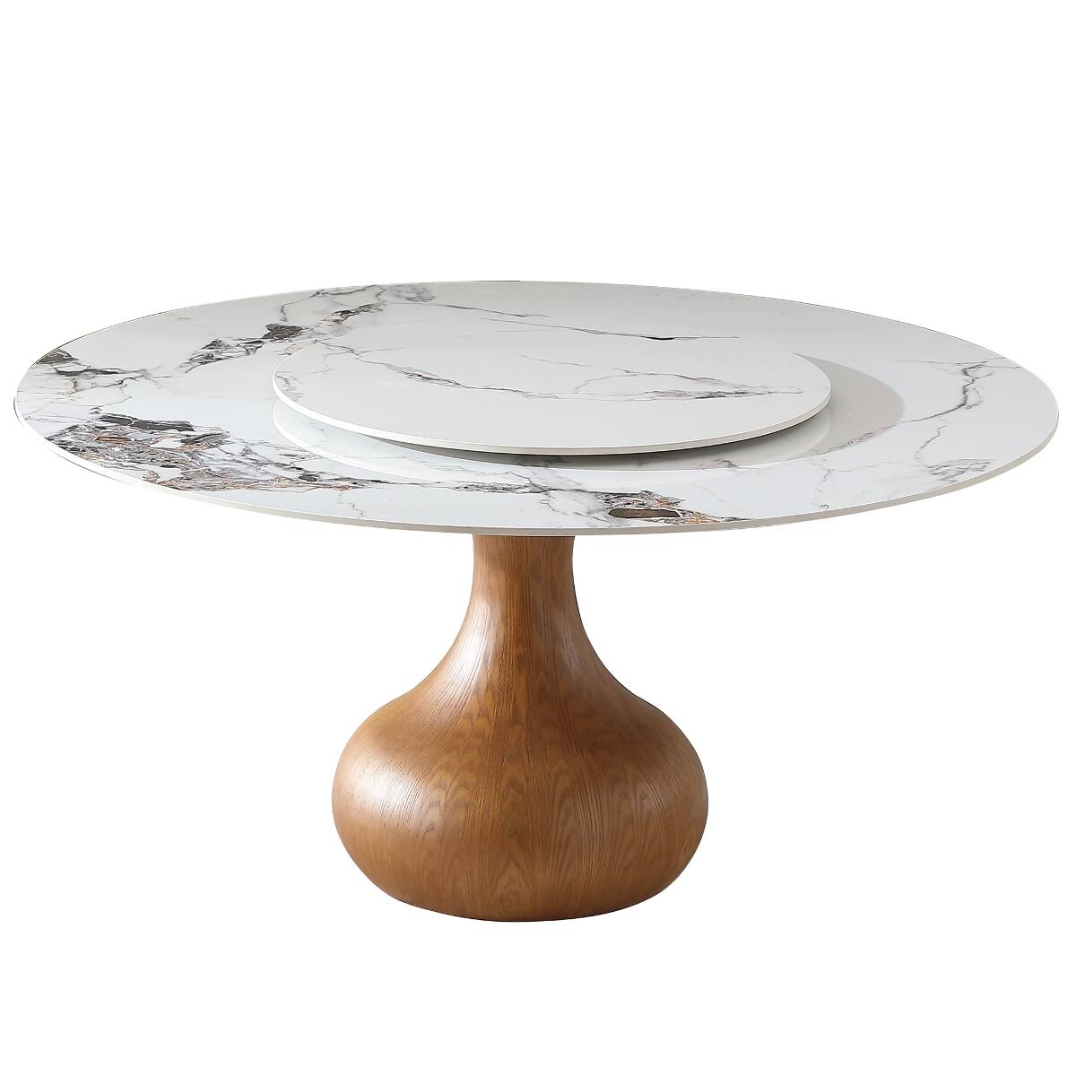 Angle. Loheer - Loheer Modern Marble Dining Table, 59-Inch Round Sintered Stone Table With Lazy Susan - Walnut and White.