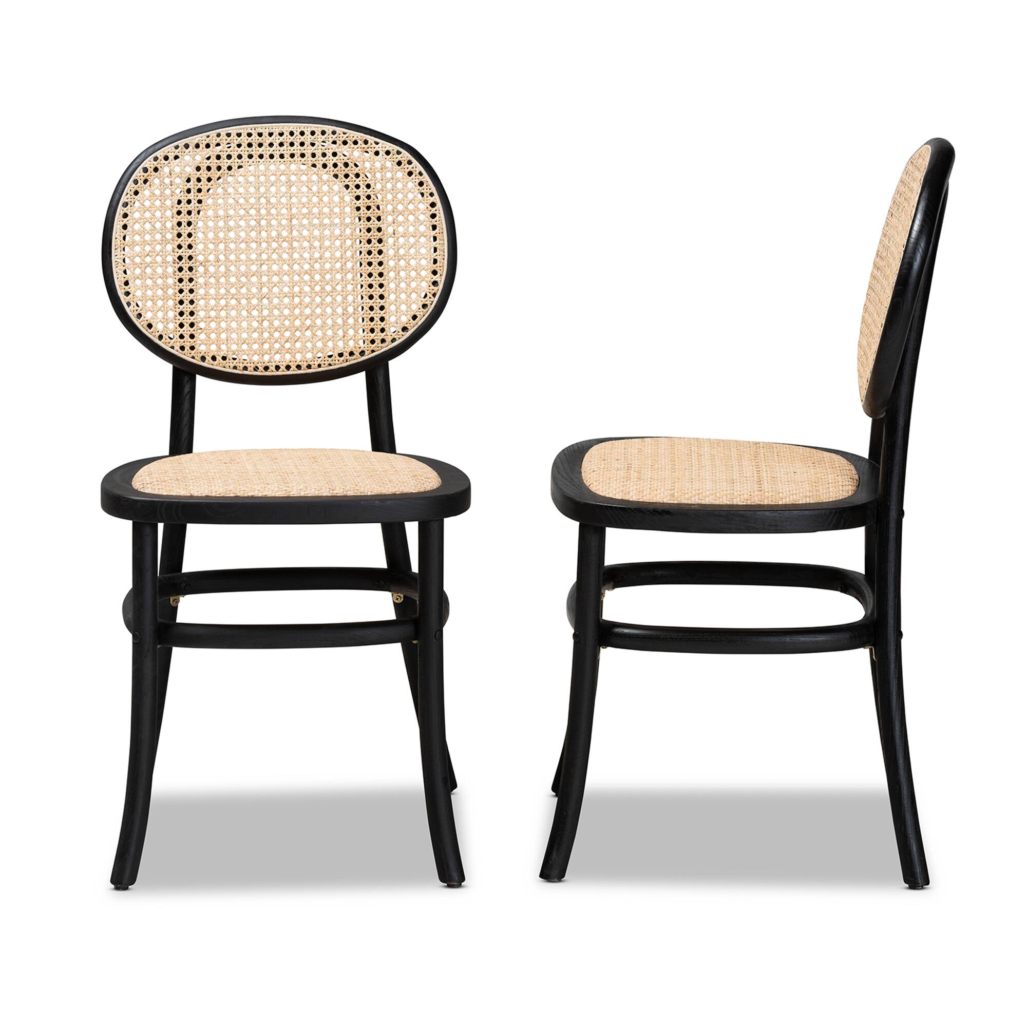 Left. Baxton Studio - Garold Mid-Century Modern Woven Rattan and Wood 2-Piece Cane Dining Chair Set - Beige/Black.