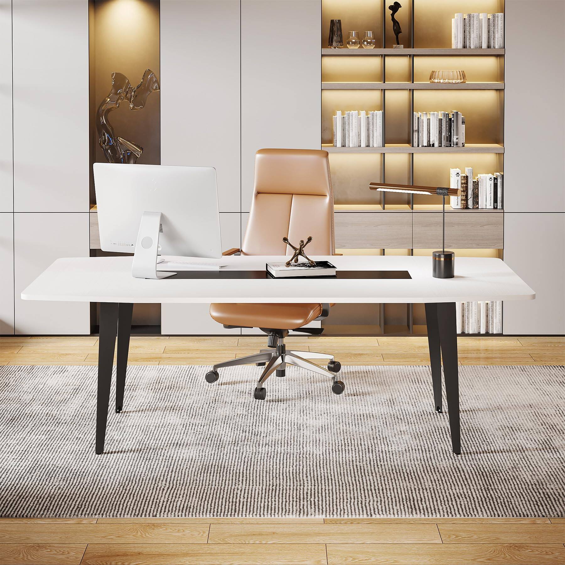 Left. Tribesigns - 70” Executive Desk, Modern Office Computer Desk with Sturdy Metal Legs, Large Boat Shaped Study Writing Desk Workstation - White & Black.