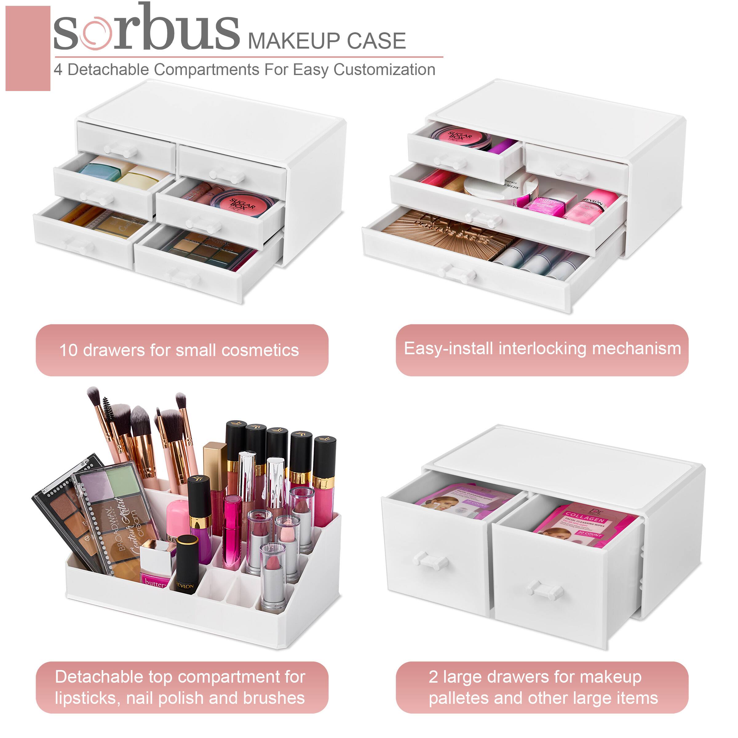 sorbUS MAKEUP CASE  
4 Detachable Compartments For Easy Customization  

10 drawers for small cosmetics  

Easy-install interlocking mechanism  

Detachable top compartment for lipsticks, nail polish and brushes  

2 large drawers for makeup palettes and other large items