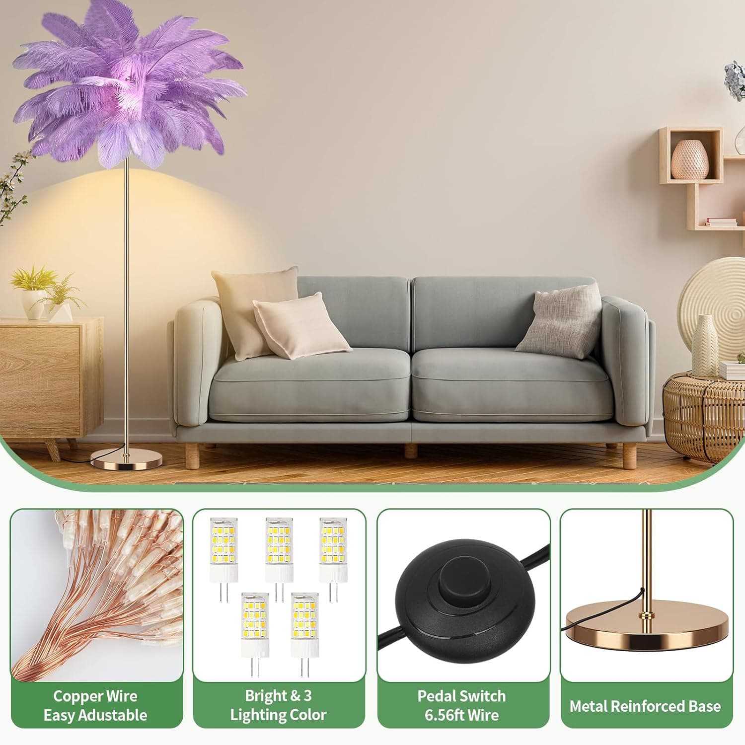 Copper Wire Easy Adjustable Bright & 3 Lighting Color Pedal Switch 6.56ft Wire Metal Reinforced Base