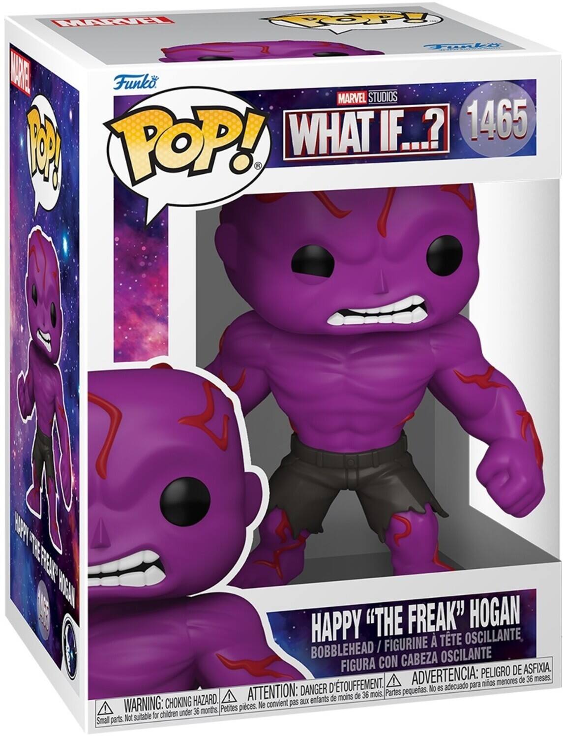 Funko. MARVEL STUDIOS WHAT IF...? 1465 1M POP! HAPPY "THE FREAK" HOGAN FIGURINE BOBBLEHEAD / FIGURA CON CABEZA OSCILANTE PELIGRO DE ASFIXIA, DANGER D'ETOUFFEMENT. ADVERTENCIA: para niños menores de 36 meses. DANGER pequeñas. No es adecuado aux enfants de moins de 36 mois, WARNING: CHOKING HAZARD. ATTENTION: aux enfants de moins de 36 mois, Partes pequeñas. Not suitable for children under 36 months. Small parts.