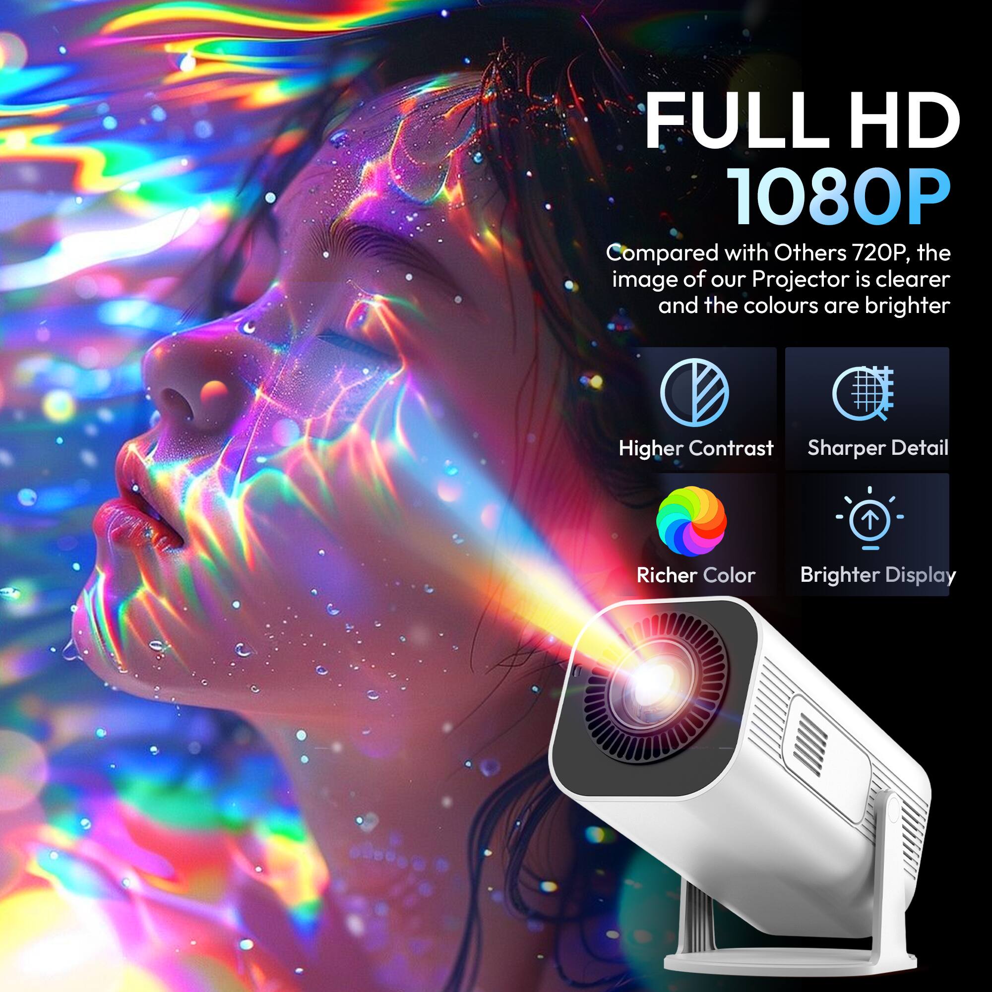 FULL HD 1080P

Compared with Others 720P, the image of our Projector is clearer and the colours are brighter

- Higher Contrast
- Sharper Detail
- Richer Color
- Brighter Display