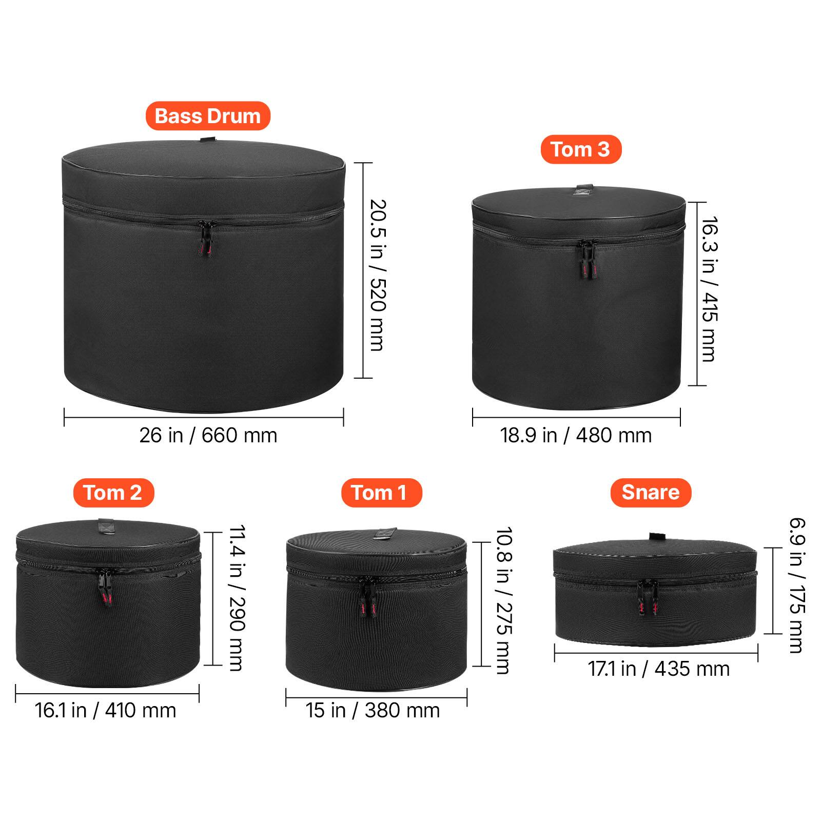Bass Drum  
20.5 in / 520 mm  
16.3 in / 415 mm  
26 in / 660 mm  
18.9 in / 480 mm  

Tom 3  
11.4 in / 290 mm  

Tom 2  
10.8 in / 275 mm  

Tom 1  
17.1 in / 435 mm  

Snare  
6.9 in / 175 mm  
16.1 in / 410 mm  
15 in / 380 mm