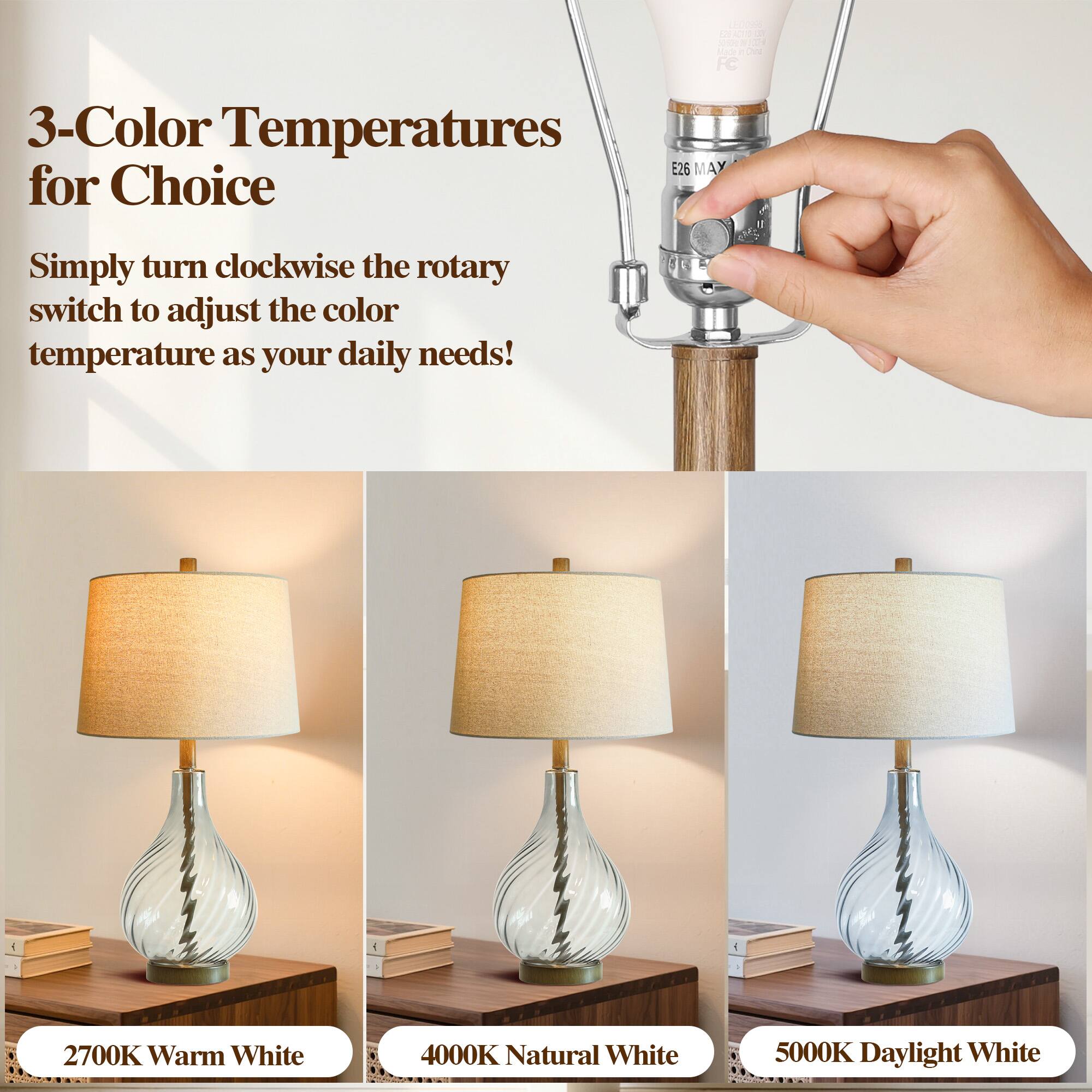 Made in FC

3-Color Temperatures for Choice

E26 MAX

Simply turn clockwise the rotary switch to adjust the color temperature as your daily needs!

2700K Warm White

4000K Natural White

5000K Daylight White