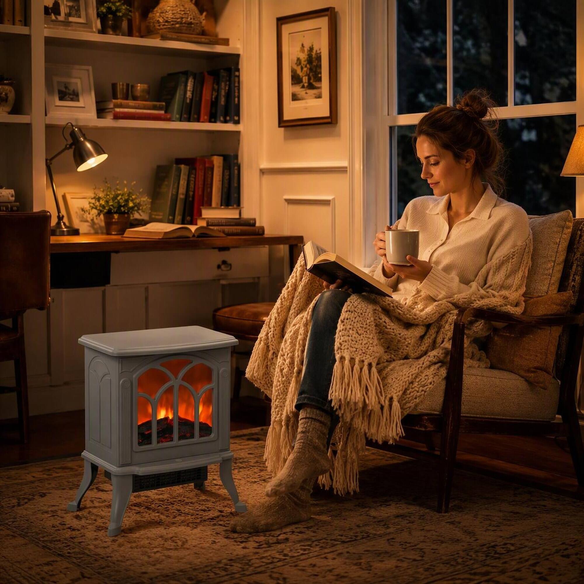 Left. RYHNUYNE - Freestanding Electric Fireplace Stove with Realistic Logs & Flame Effect, 750W/1500W Heater, Overheat - Gray.