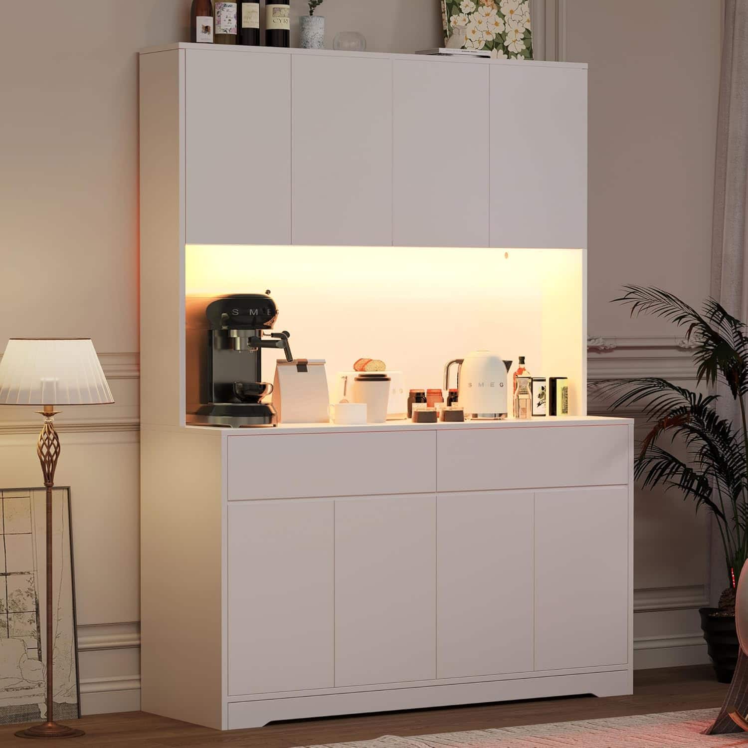 Espafurni - 71" Kitchen Pantry Cabinet with LED Light, Outlet, Microwave Shelf & Adjustable Shelves - White