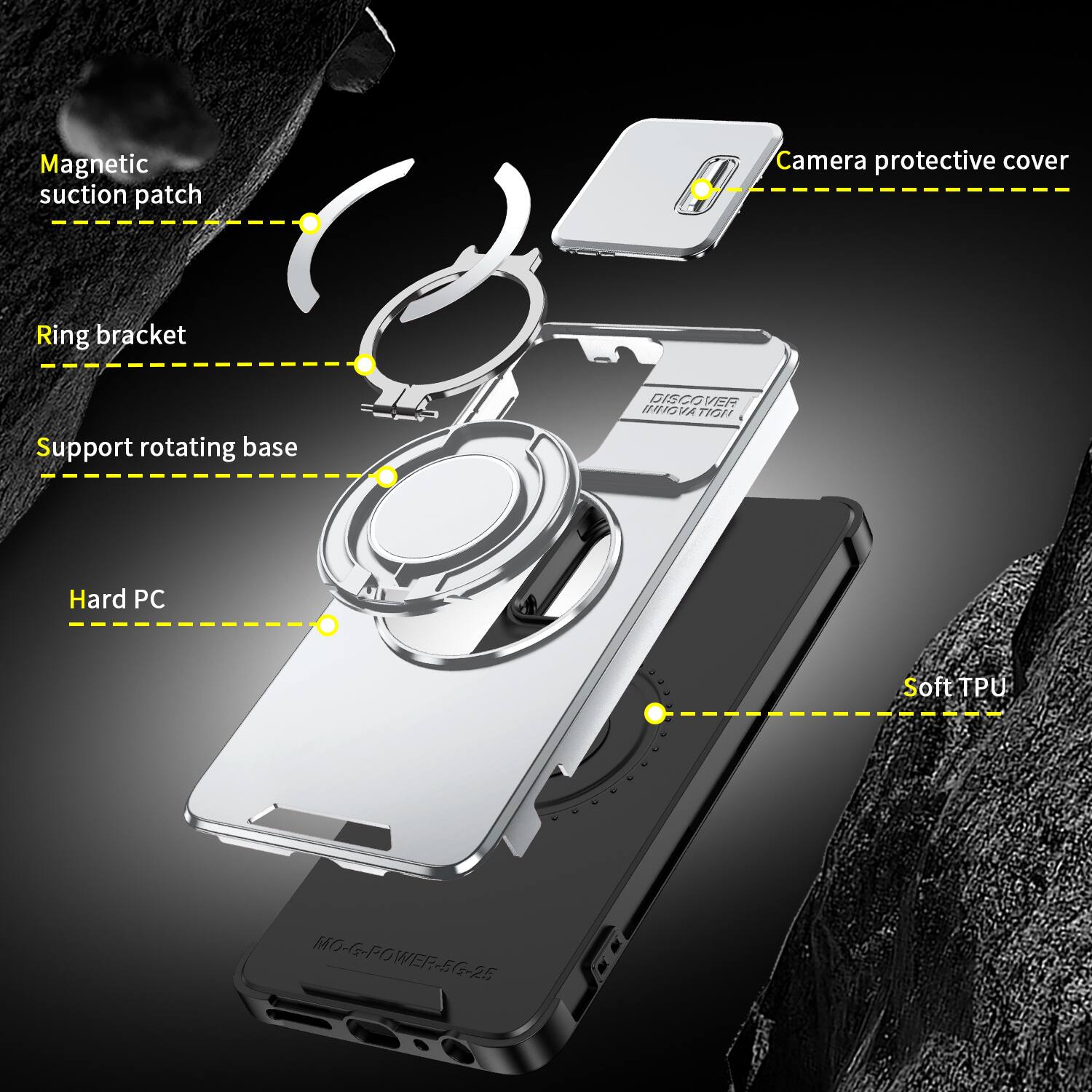 Magnetic suction patch  
Camera protective cover  
Ring bracket  
Support rotating base  
DISCOVER INNOVATION  
Hard PC  
Soft TPU  
MO-G-POWER-5G-25