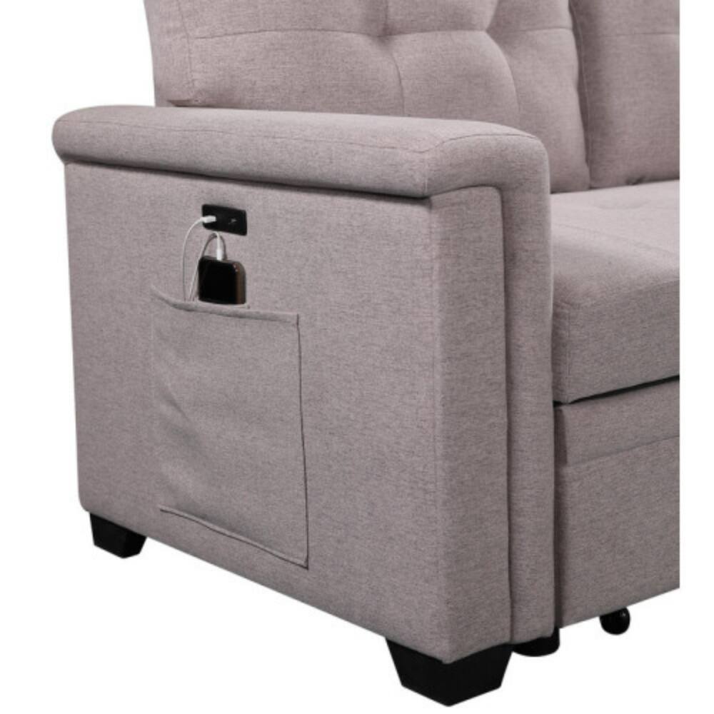 Alt View 4. LUCKY ONE - 84" Light Gray Reversible Sleeper Sectional Sofa with Storage Chaise, USB Charging Ports, Side Pocket, Pull-Out Bed - Light Gray.