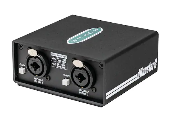 Sure, here is the corrected and grouped text from the image:
---
**REYOR**
**dBooster2**
**MIC/Hi-Z INPUT 1**
- GAIN SWITCHES
- MIC IN OUT 12dB 20dB
- HI-Z IN RSID OUT 0dB 8dB
**MIC/Hi-Z INPUT 2**
- GAIN SWITCHES
- MIC IN OUT 12dB 20dB
- HI-Z IN RSID OUT 0dB 8dB
---
This text is organized to reflect the labels and settings on the device.