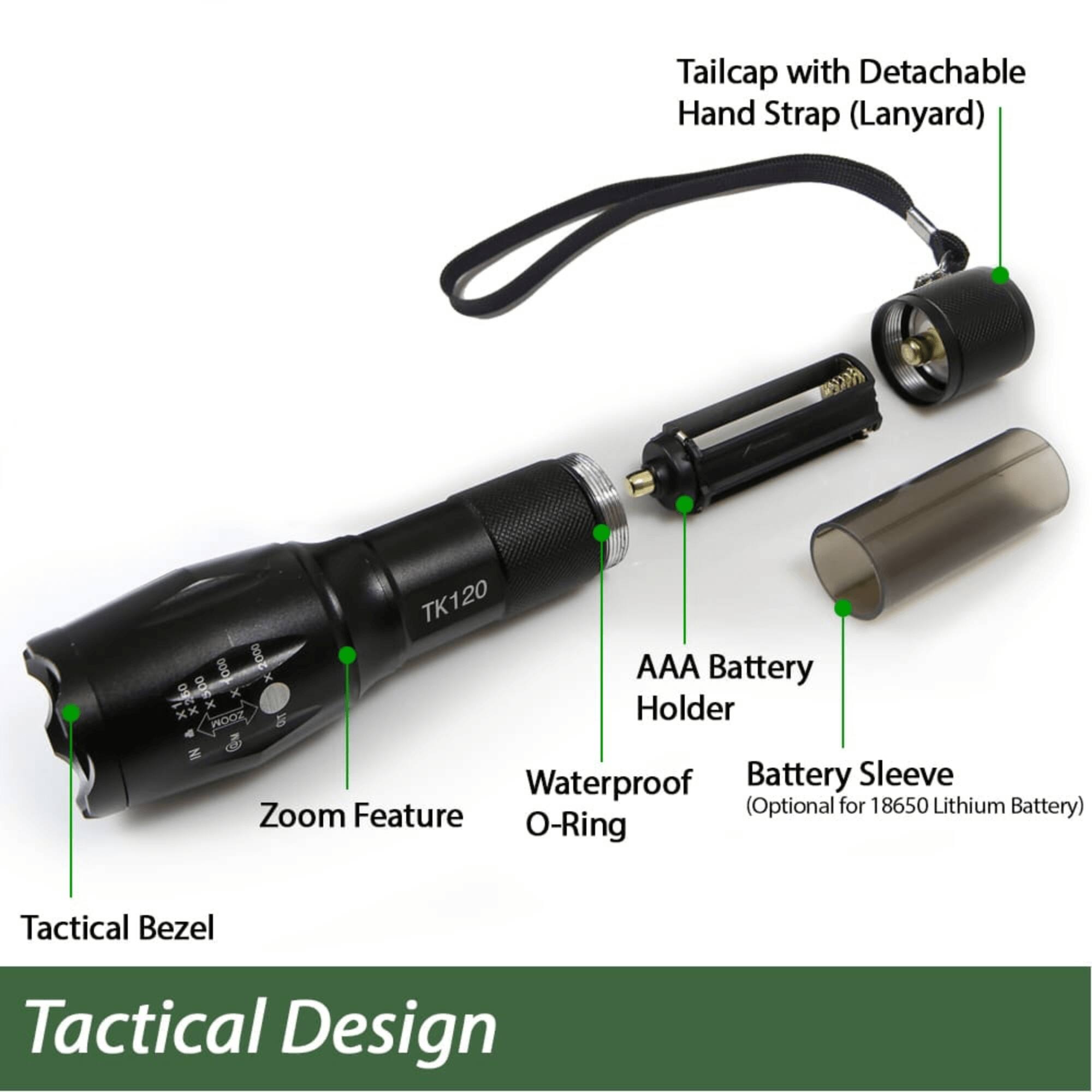 Tailcap with Detachable Hand Strap (Lanyard)  
TK120  
AAA Battery Holder  
Waterproof O-Ring  
Battery Sleeve (Optional for 18650 Lithium Battery)  
Zoom Feature  
Tactical Bezel  
Tactical Design