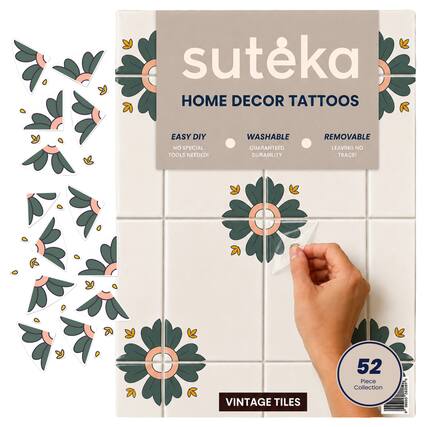 suteka HOME DECOR TATTOOS EASY DIY WASHABLE REMOVABLE NO SPECIAL TOOLS NEEDED! GUARANTEED DURABILITY LEAVING NO TRACE! VINTAGE TILES 52 Piece Collection - 5050BA