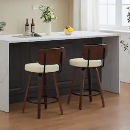 LUCKY ONE - 26" Assembled Swivel Bar Stool Set of 2 Faux Leather Counter Height with Walnut Bentwood Back - Beige