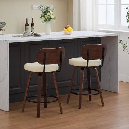 Front. LUCKY ONE - 26" Assembled Swivel Bar Stool Set of 2 Faux Leather Counter Height with Walnut Bentwood Back - Beige.