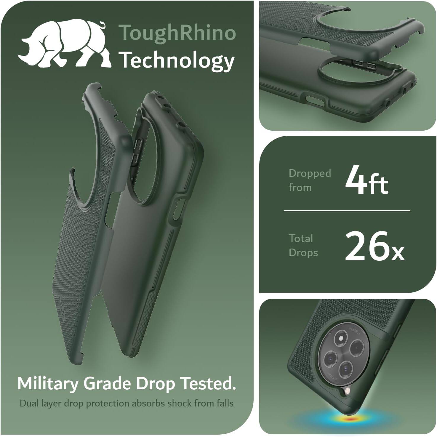 ToughRhino Technology

Dropped from 4ft  
Total Drops 26x

Military Grade Drop Tested.  
Dual layer drop protection absorbs shock from falls.