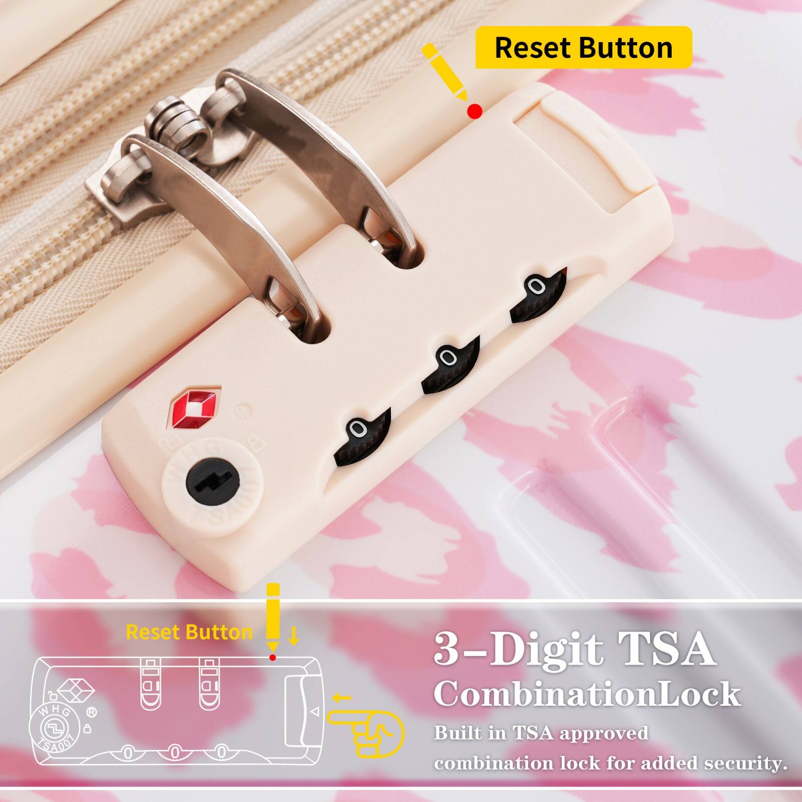 Reset Button

3-Digit TSA Combination Lock

Built-in TSA approved combination lock for added security.