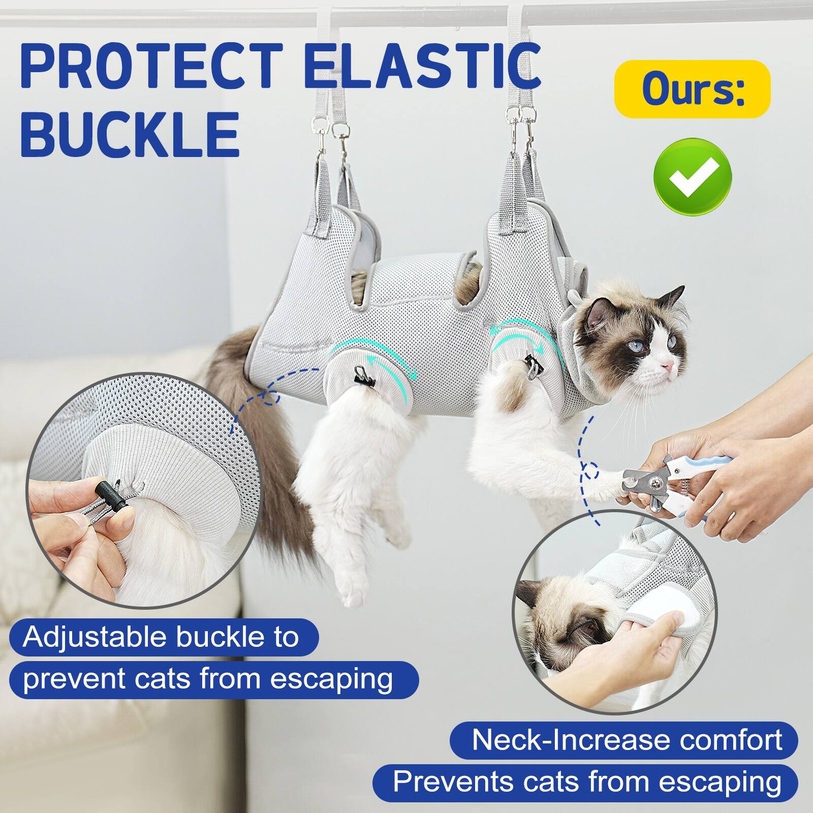 PROTECT ELASTIC BUCKLE

Ours:

Adjustable buckle to prevent cats from escaping

Neck-Increase comfort
Prevents cats from escaping