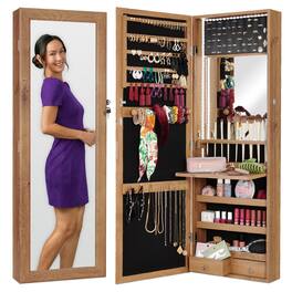 Best Choice Products - Hanging Mirror Jewelry Armoire, Door or Wall Mounted Cabinet w/ LED Lights, Lock - Rustic Brown