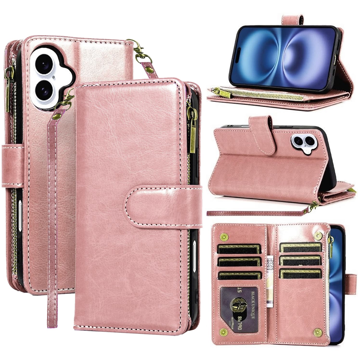 Equipd - Phone Case for iPhone 17 6.3", Luxury Wallet Card ID Zipper Money Holder Cover - Rose Gold