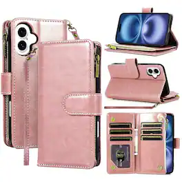 Equipd - Phone Case for iPhone 17 6.3", Luxury Wallet Card ID Zipper Money Holder Cover - Rose Gold